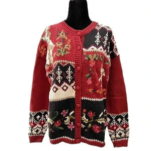 Vintage  Cleo Cardigan Animal Embroidered Grandma Sweater Red Blue Size Medium